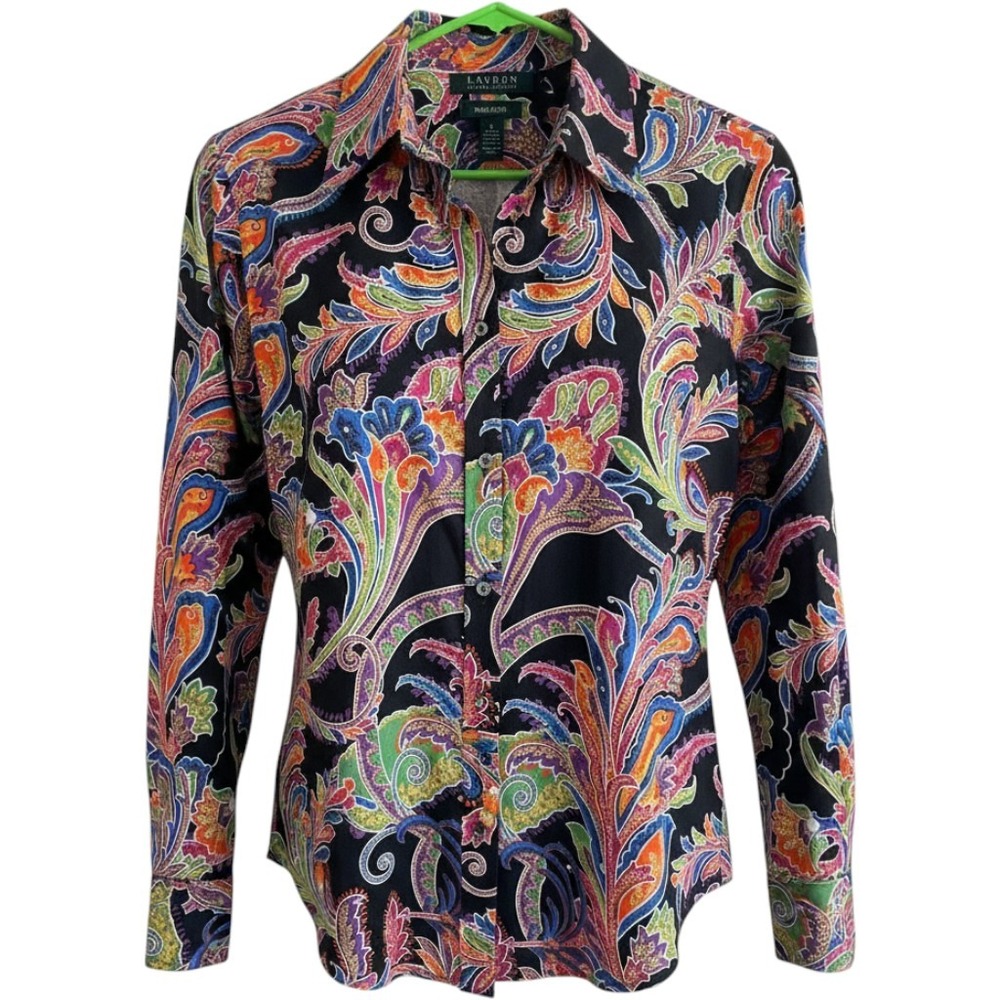 Lauren Ralph Lauren Shirt Womens M Black Multicolor Paisley Non-Iron Button Down